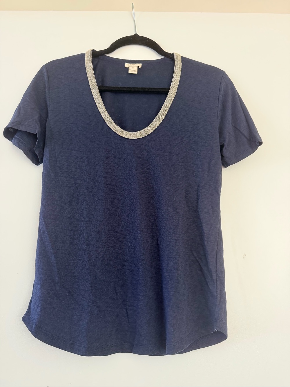 J. Crew Navy Short-Sleeve Shirt with Silver Beaded Neck